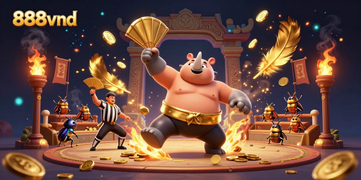 Experience thrilling action with 888vnd as a rhinoceros beetle battles in a dynamic casino arena.