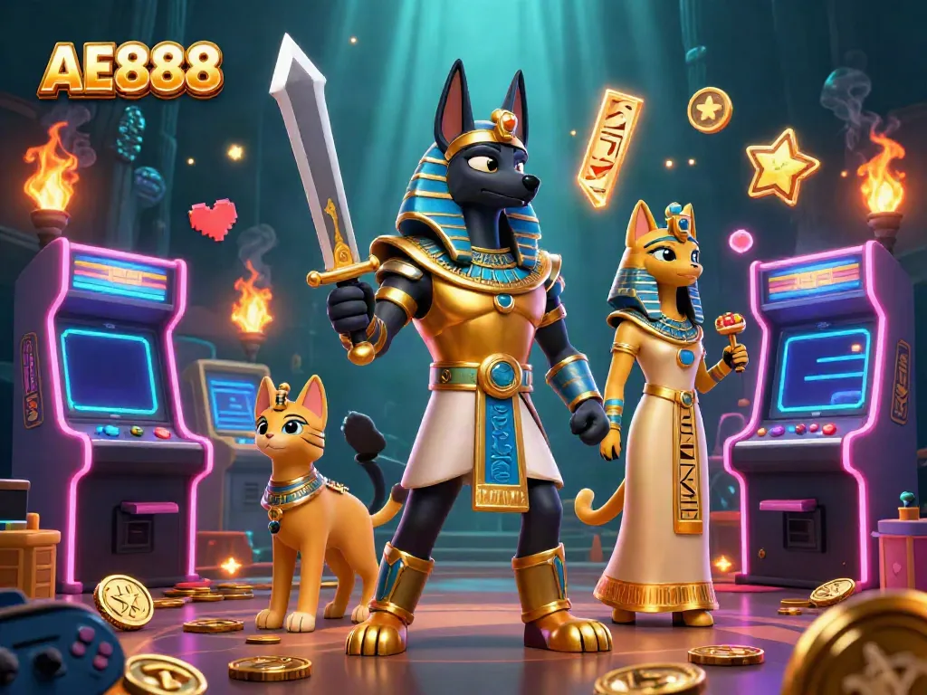 Engage in gaming adventure with AE888 featuring Anubis and Bastet amidst dynamic casino elements.