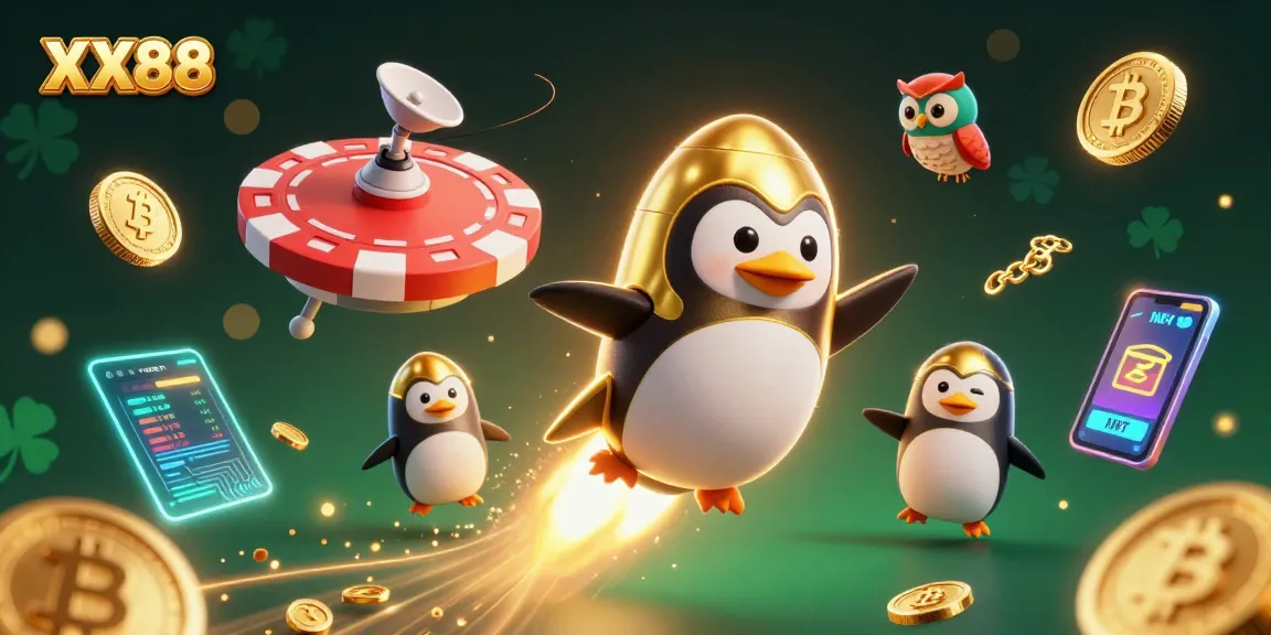 Experience thrilling gameplay at XX88, where a golden penguin soars with crypto coins.