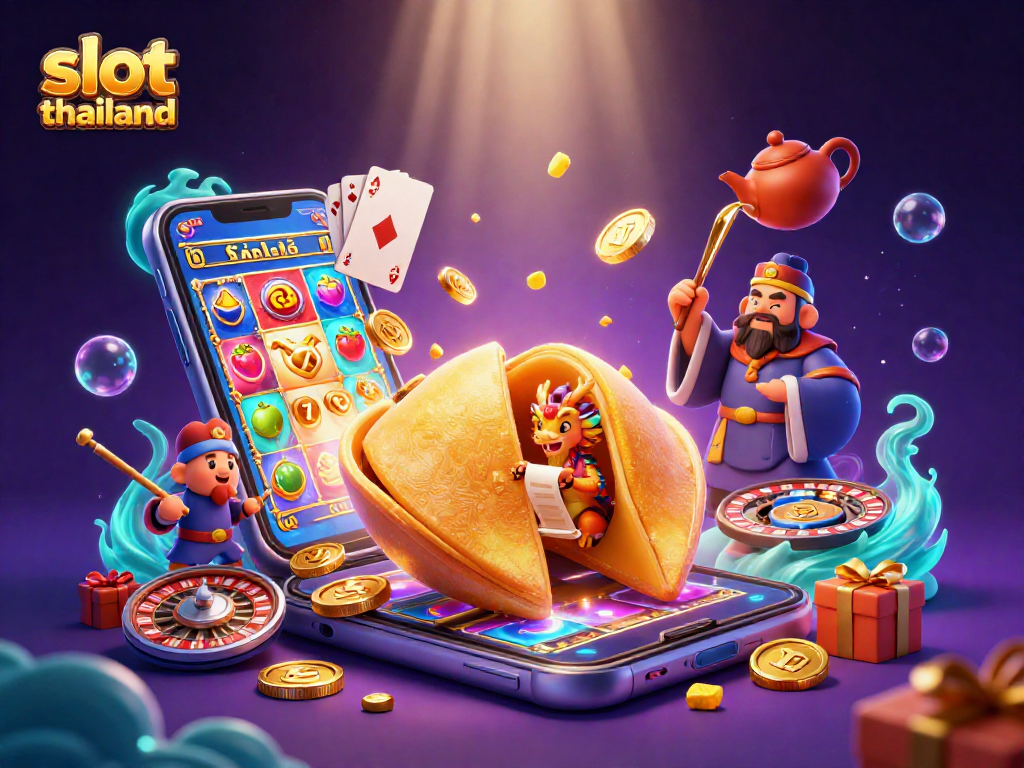 Engage with slot thailand's vibrant world featuring a golden fortune cookie scene illustrating thrilling casino elements.