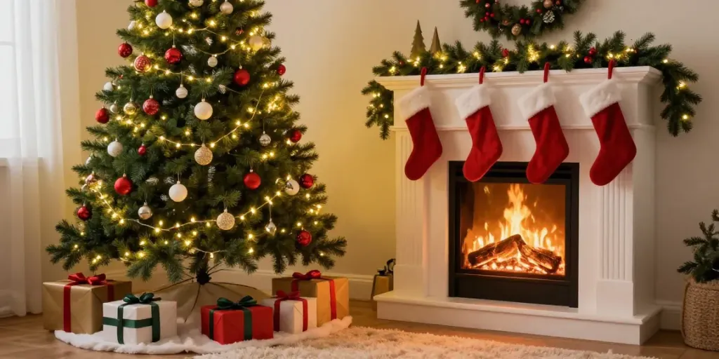 Pencil Christmas tree in a cozy living room with decorations.