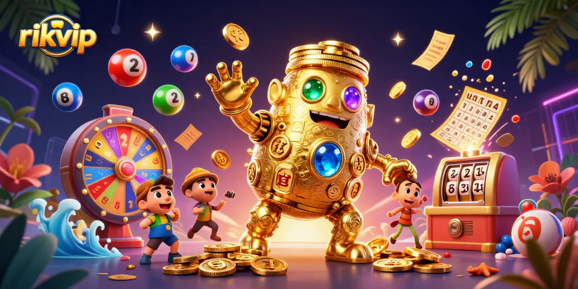 rikvip players engaging with dynamic lottery elements, featuring vibrant floating balls and golden gaming icons
