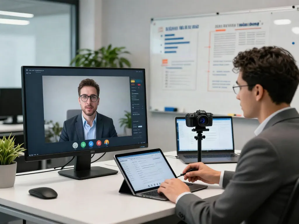 Deepfake protected Online Video Calls, Meetings and Conferencing in a modern professional office environment with engaged users.
