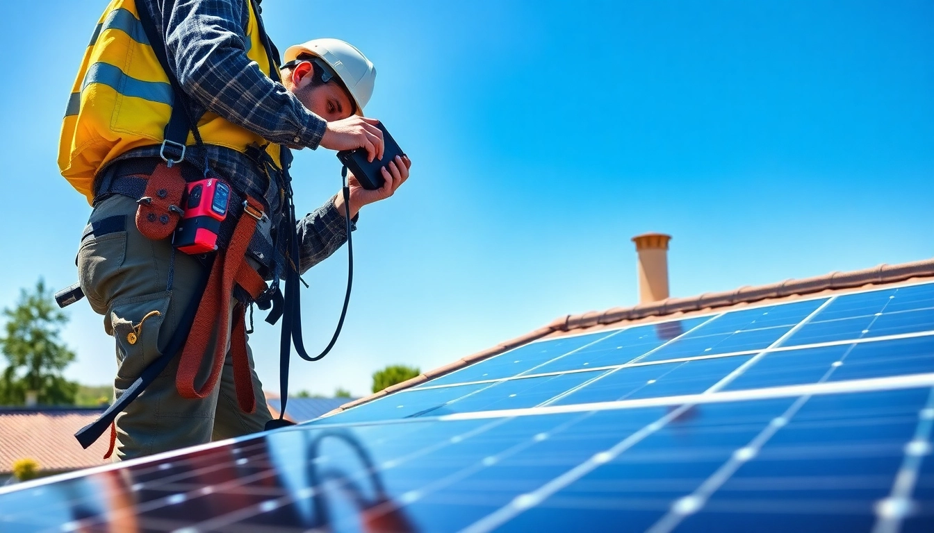 Find a reliable solar repair company near me with expert technicians assessing solar panels.