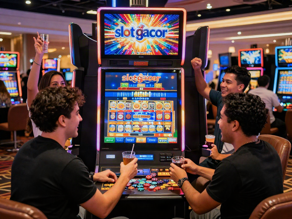 Joyful group celebrating a big win on a slot gacor machine in a lively casino.
