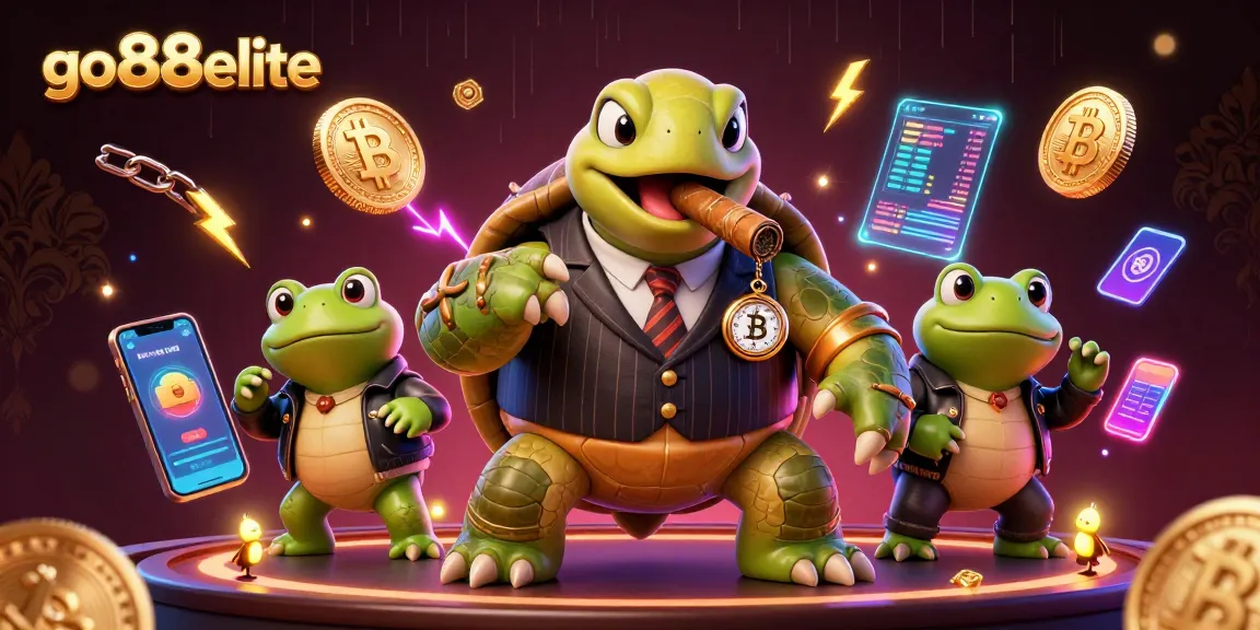 Engage with go88elite at a 3D casino, featuring a mobster turtle, bullfrog enforcers, and crypto elements.