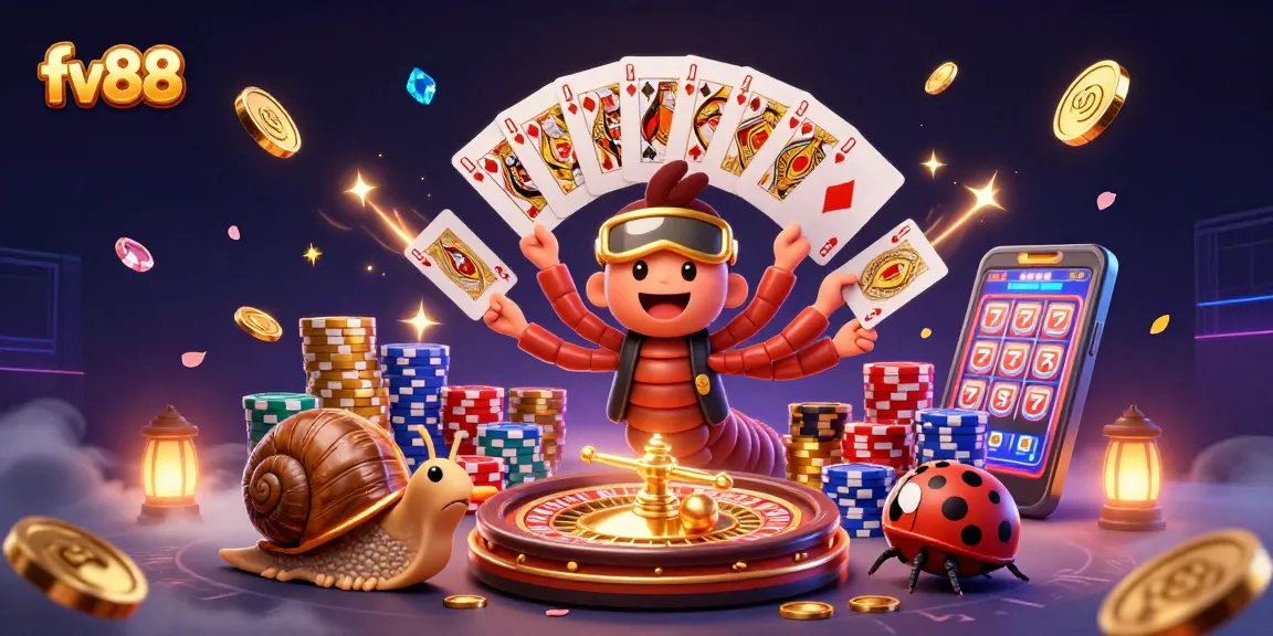 Experience the thrill of playing at fv88 with a vibrant casino scene featuring a cartoon millipede dealer.