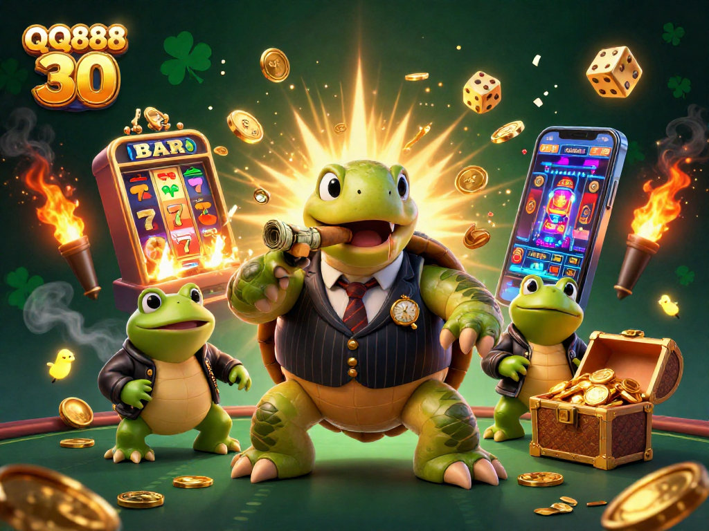Engage with thrilling games and jackpots at QQ888 30 featuring an adventurous turtle and bullfrogs.