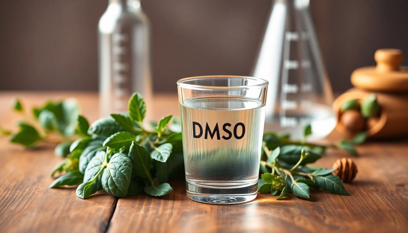 Showcasing the benefits of drinking dmso with a clear glass of DMSO surrounded by fresh herbs.