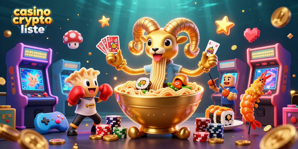 Une illustration 3D colorée de personnages de casino crypto liste, avec un bol de ramen géant en or et des éléments de jeux interactifs.