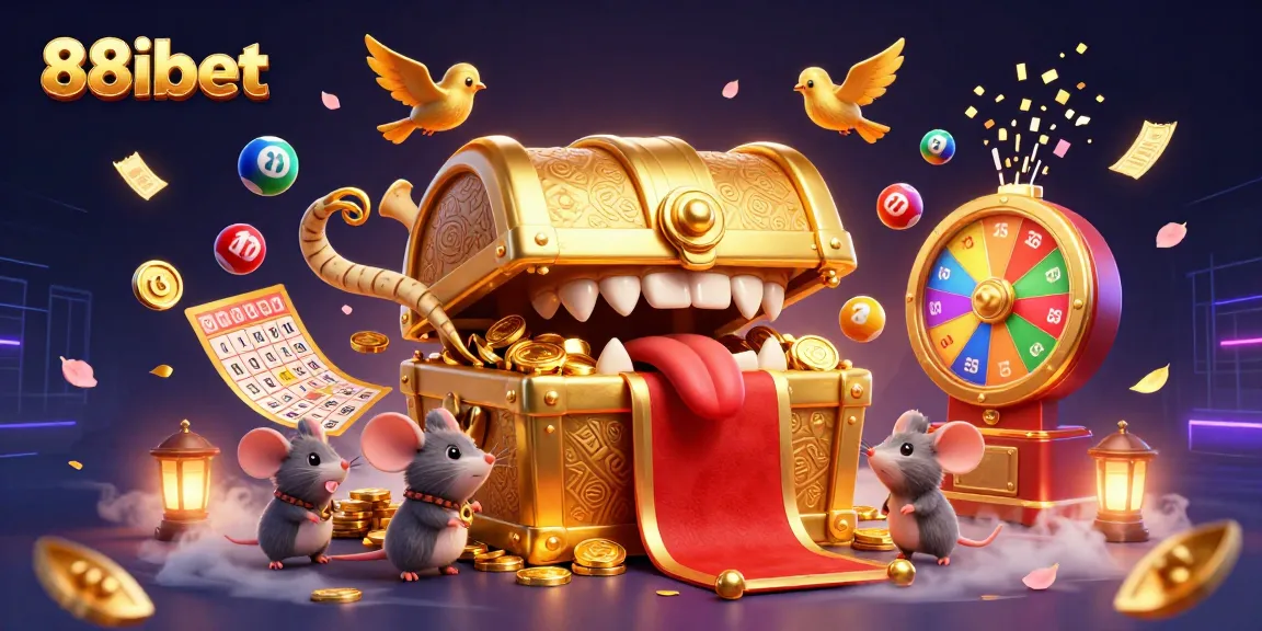 Experience the thrill of 88ibet with vibrant lottery elements and a treasure chest enticing players.