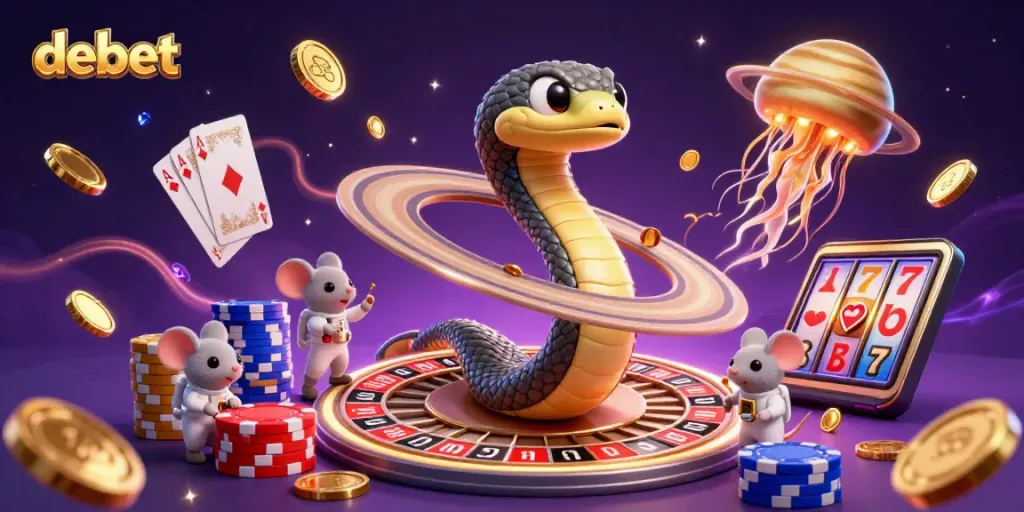 Engaging debet casino scene with astronauts betting on Saturn rings and a golden jellyfish dealer.