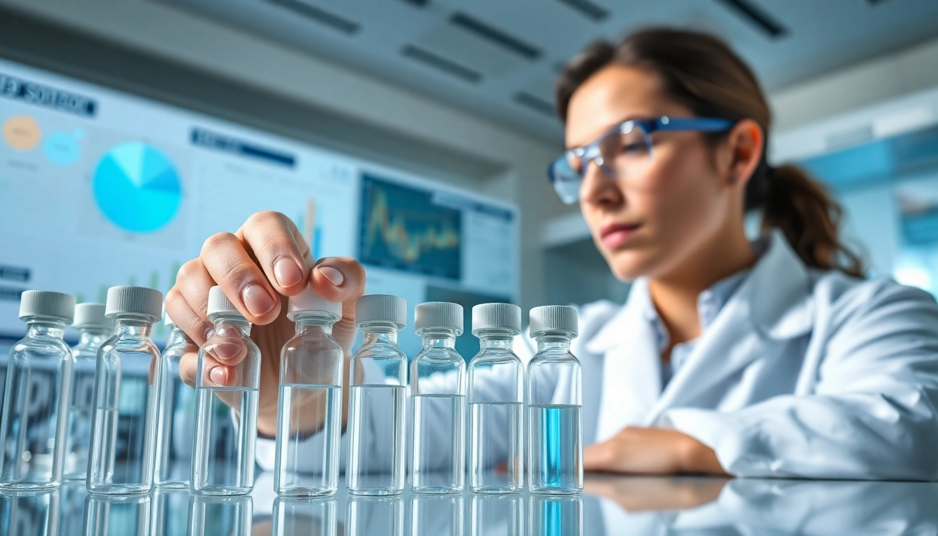 Analyze premium research peptides in a professional laboratory setting with vials and lab equipment.