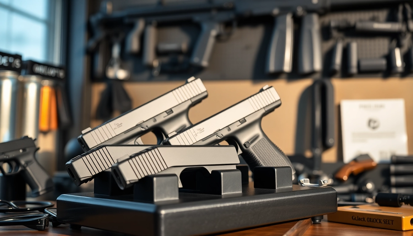 Showcasing glock 19 slides with detailed designs and textures on a sleek display.