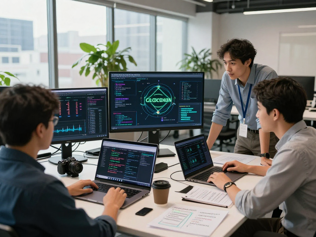 Professional developers collaborating on the USDT0 framework in a modern office.