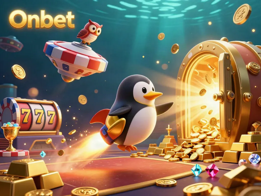 Visualize the Onbet gaming experience with a golden penguin and a vibrant casino space station.