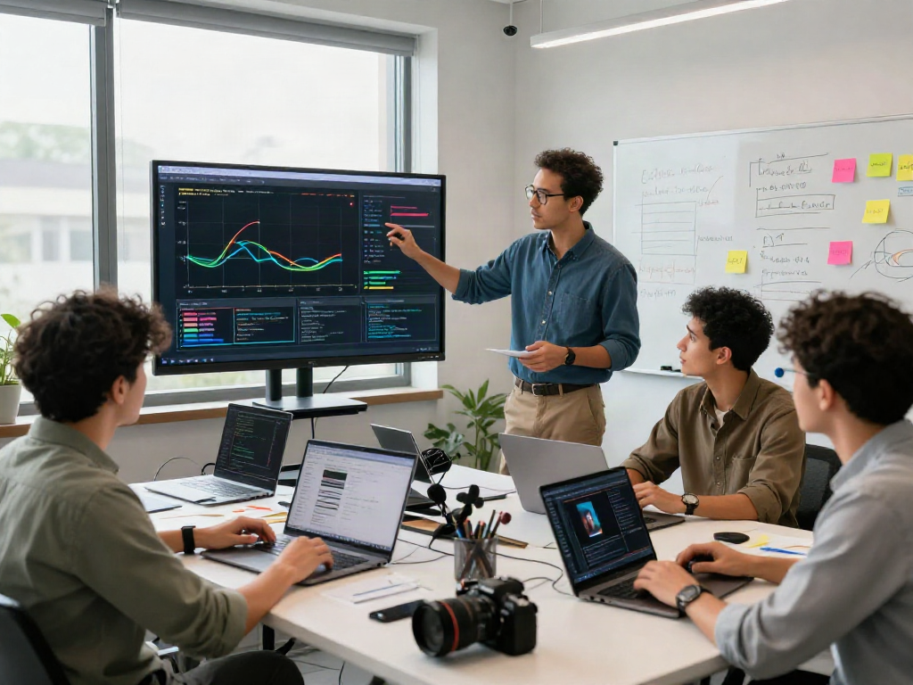 AI Image Detection team collaborating in a modern tech workspace showcasing data and analytics.