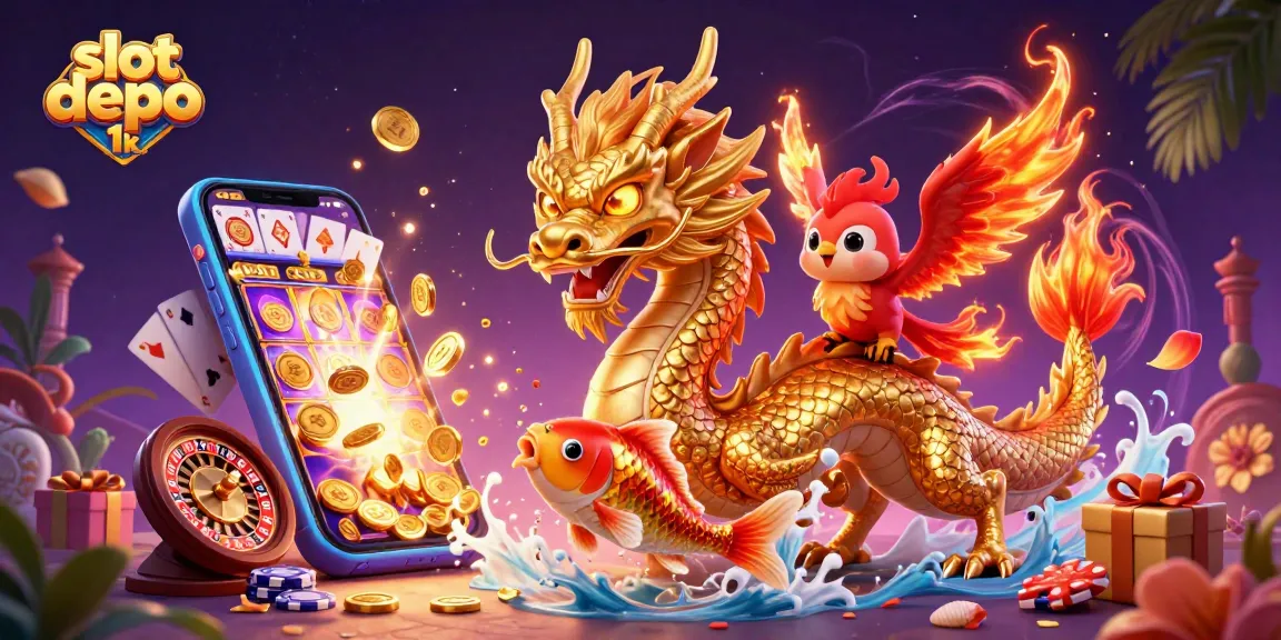 Jelajahi dunia slot depo 1k dengan naga emas yang kuat dan phoenix merah berbakat dalam latar belakang yang mempesona.