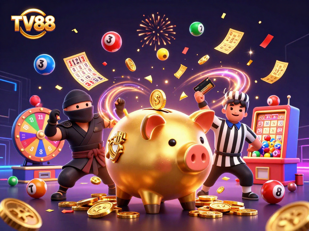Experience exciting action at TV88 with a dynamic lottery scene featuring vibrant elements and engaging characters.