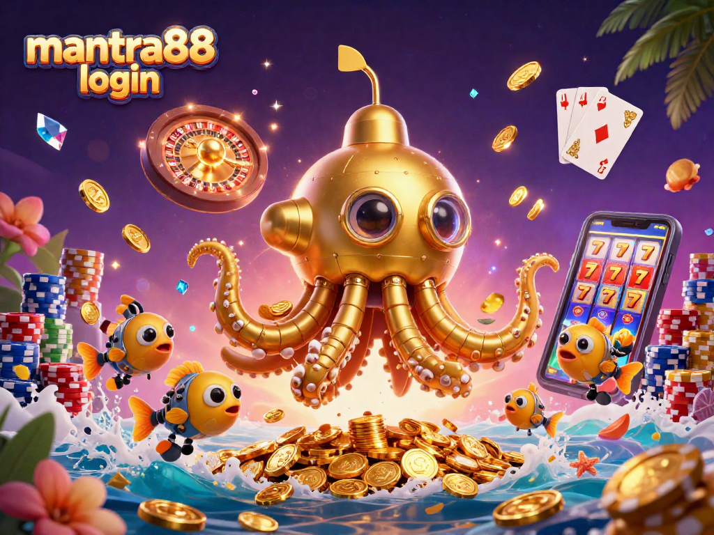 Experience excitement at mantra88 login with a golden kraken submarine amid treasures and casino games.