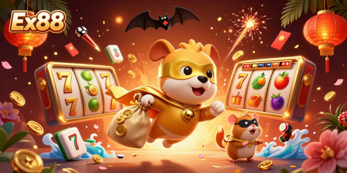 Catch exciting wins with Ex88 as colorful slot reels and lucky symbols surround a superhero dog and his hamster sidekick.