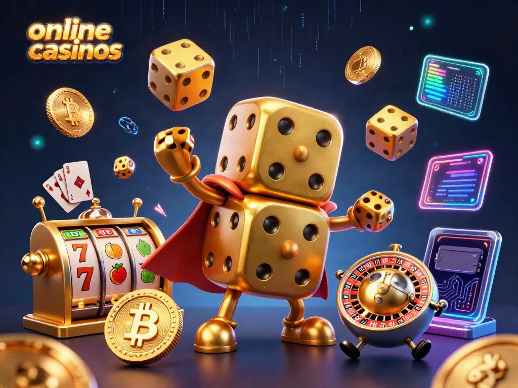 Engage with online casinos featuring a golden dice golem character and vibrant gaming elements.