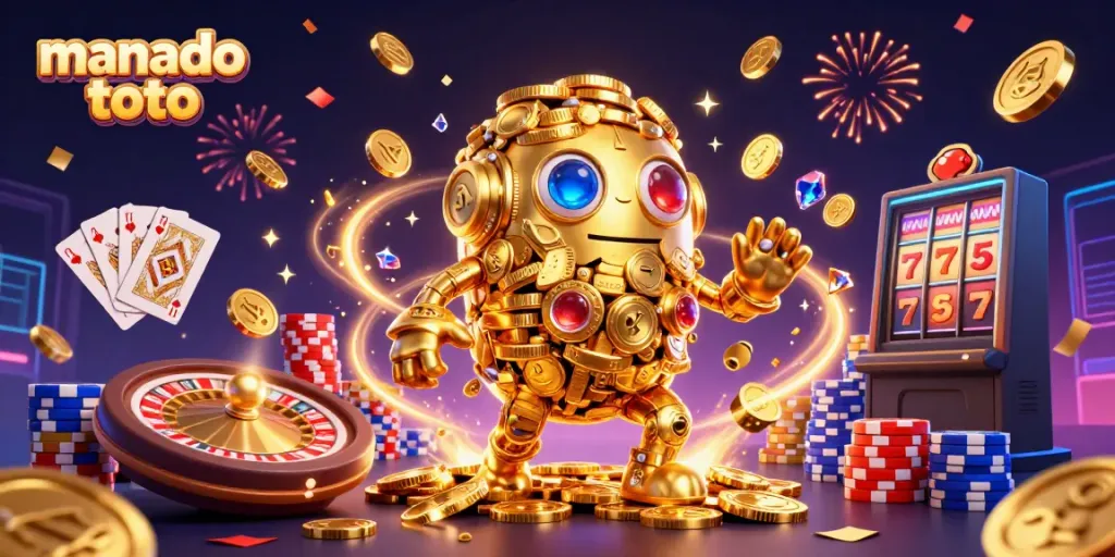 Experience excitement as manado toto spins with vibrant rewards, golden coins cascading around.