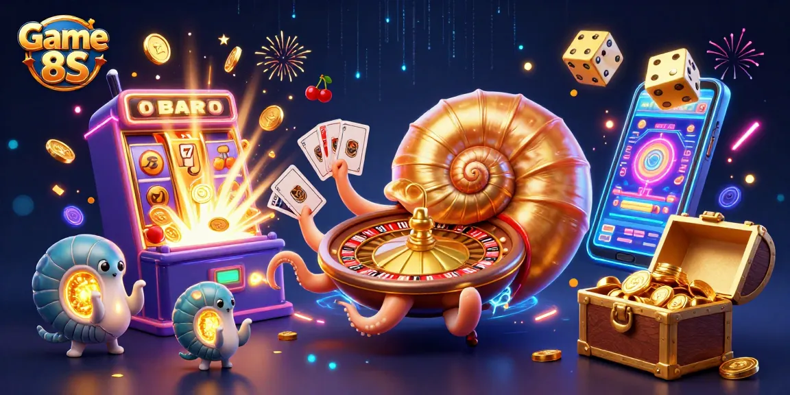 Experience the thrill of Game 8S with vibrant 3D visuals of casino games and golden jackpot excitement.