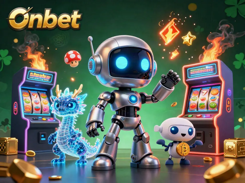 Experience thrilling Onbet gaming with vibrant robots, AI dragons, and rich casino elements.