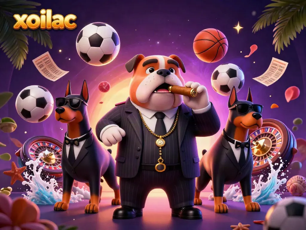 Experience thrilling sports betting action with xoilac's vibrant scene featuring dynamic characters and casino elements.