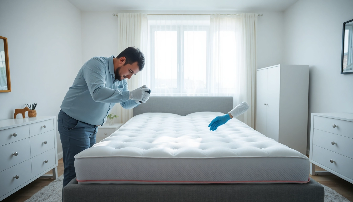 Bed bug removal expert inspecting for infestation in a bright and organized bedroom.