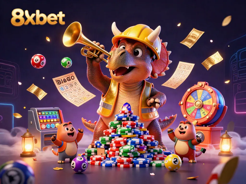 Engaging 3D scene showcasing 8xbet's exciting gambling environment with animated characters and dynamic game elements.