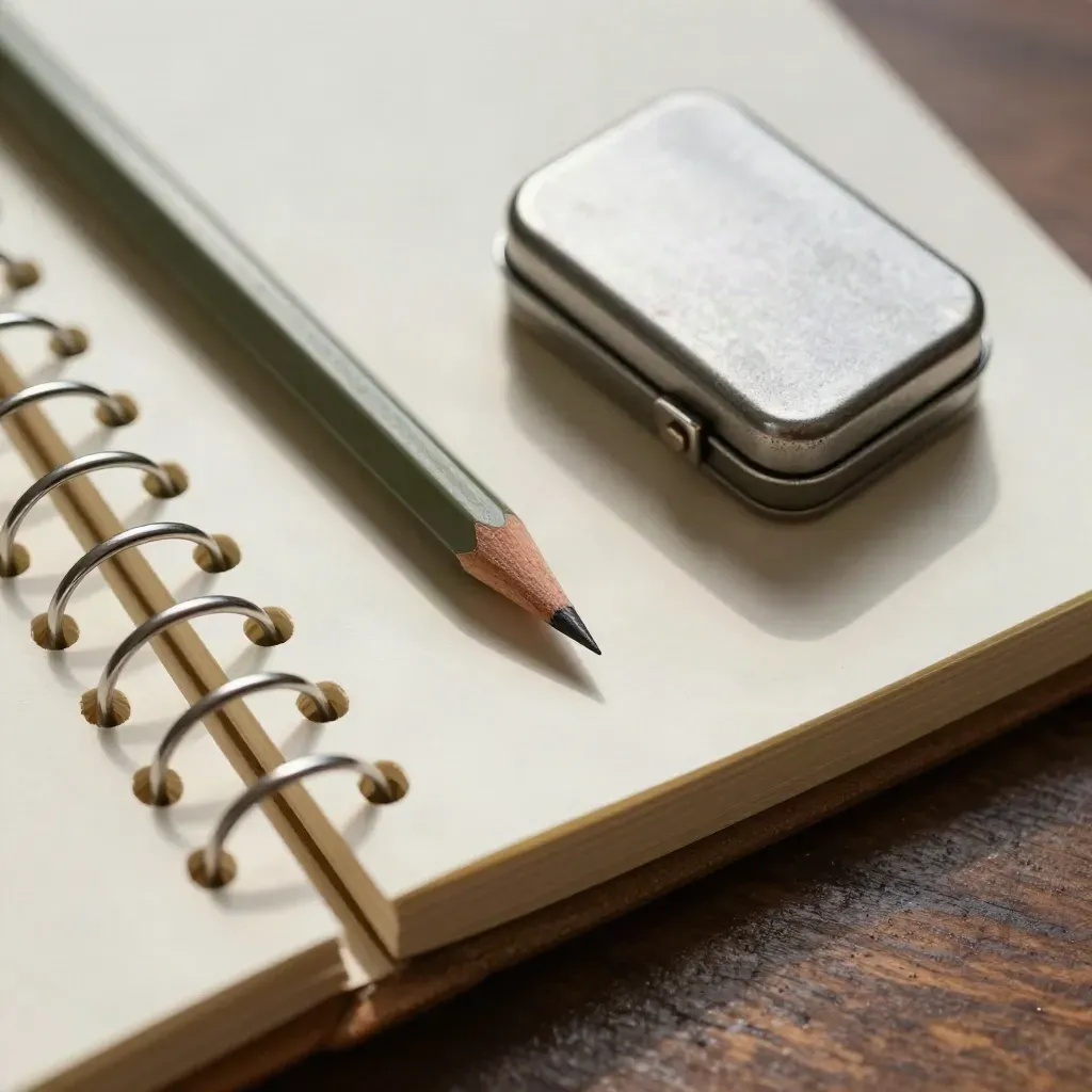 Macro still life of a pocket notebook, pencil and metal card box on dark wood.