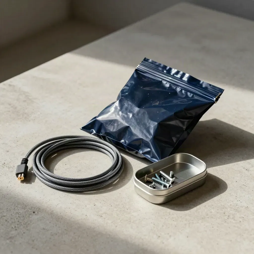 Top-down repair kit still life: anti-static bag, SATA cable, and parts tin on pale concrete.