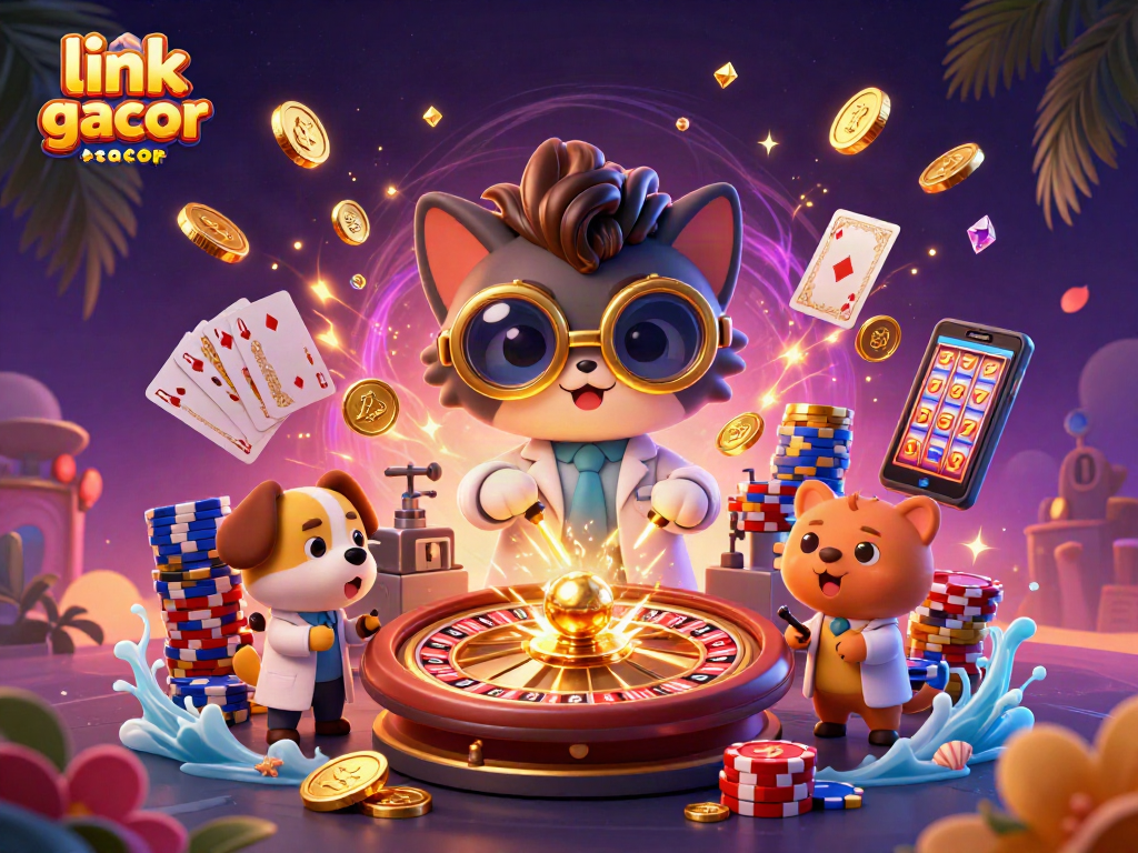Engage with the excitement of link slot gacor as golden coins and a jackpot machine ignite a vibrant casino atmosphere.