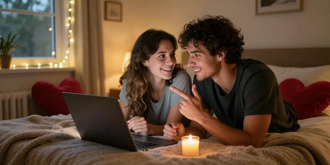 Engaging couple enjoying a sex chat in a cozy bedroom setting.