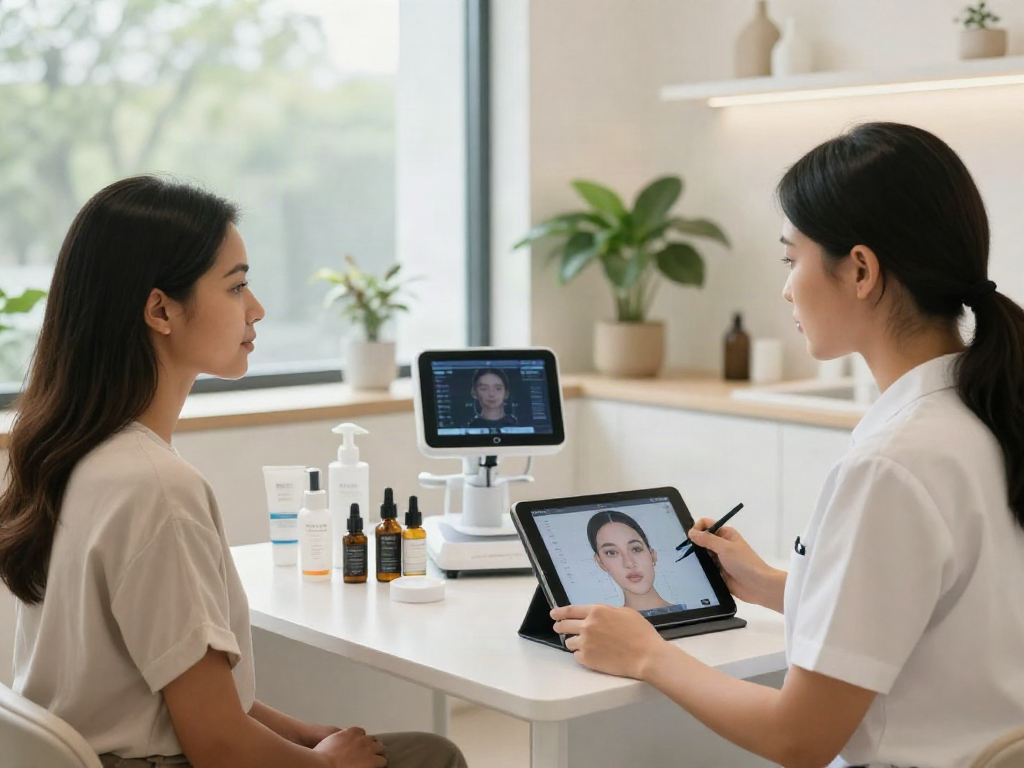 ClinicEvo vs QOVES facial analysis in a modern clinic showcasing real-time results.