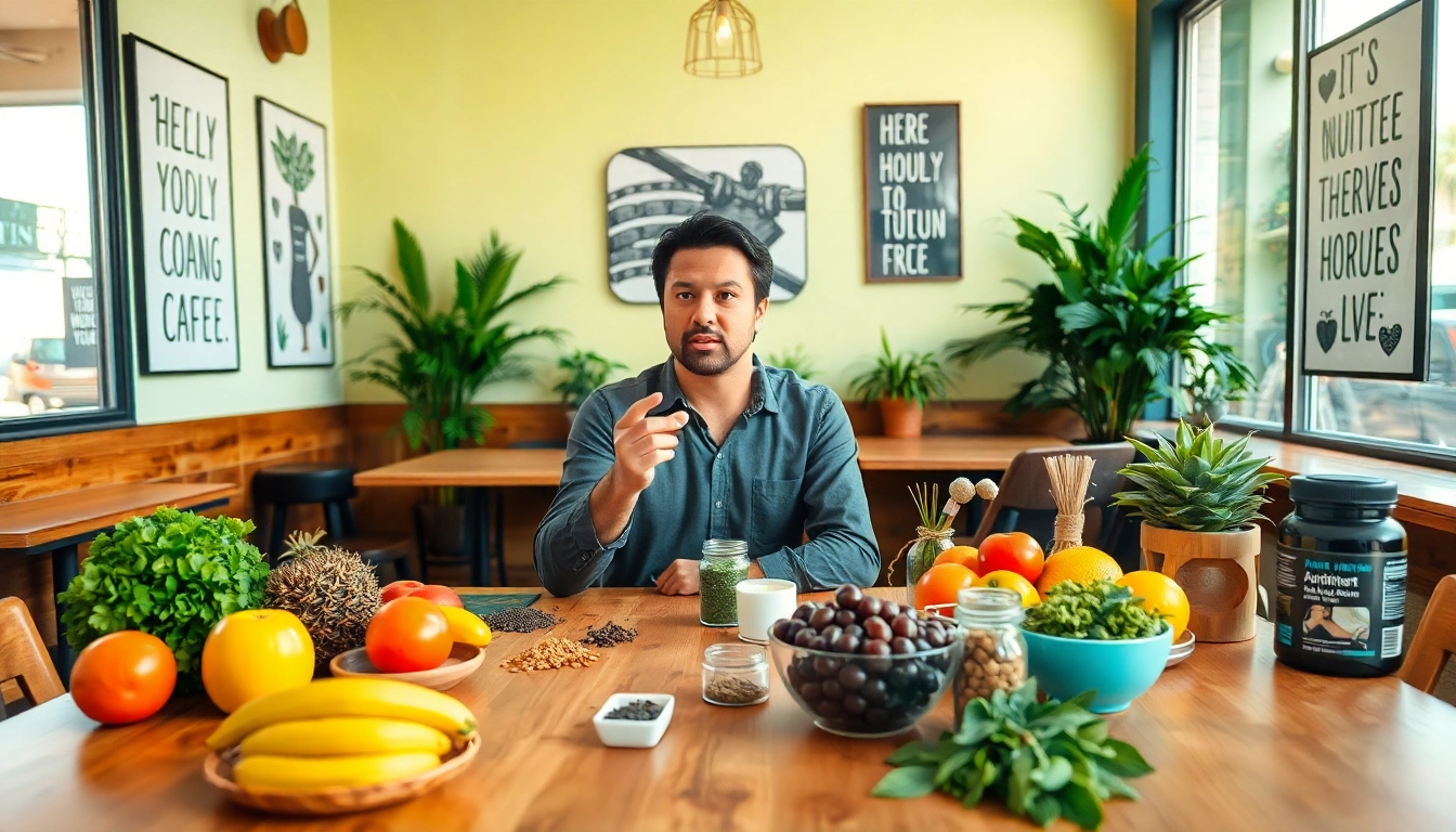Learn the benefits of drinking dmso with a health coach surrounded by nutritious elements.