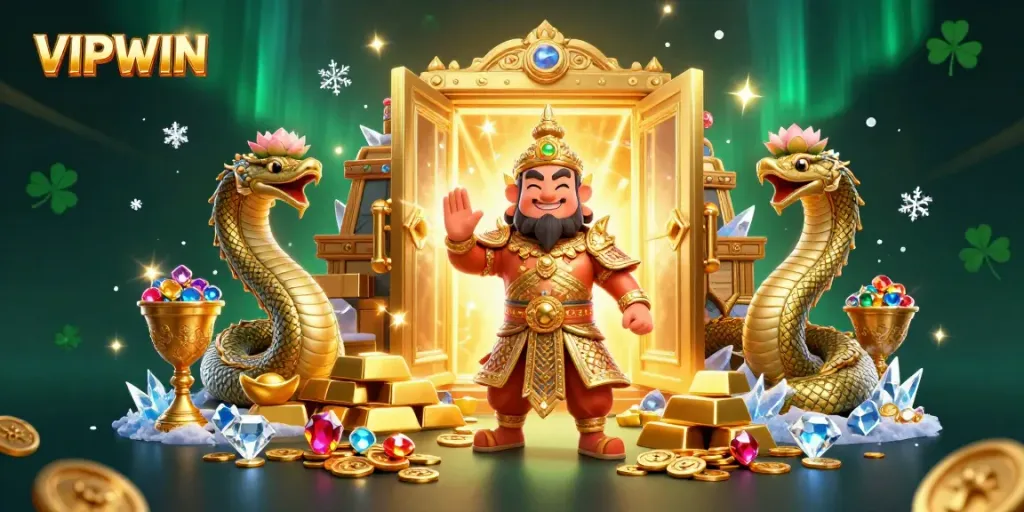 Engage in exciting gameplay at VIPWIN with vibrant characters and sparkling treasures surrounding a golden vault.