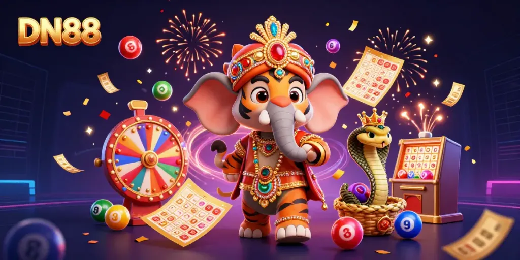 Engage in an exciting DN88 online casino adventure with a vibrant scene featuring a majestic maharaja tiger, jewel-encrusted elements, and lottery games.