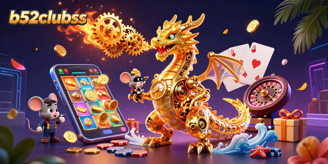 Bets fly high at b52clubss showcasing a golden dragon, slot games, and vibrant casino elements