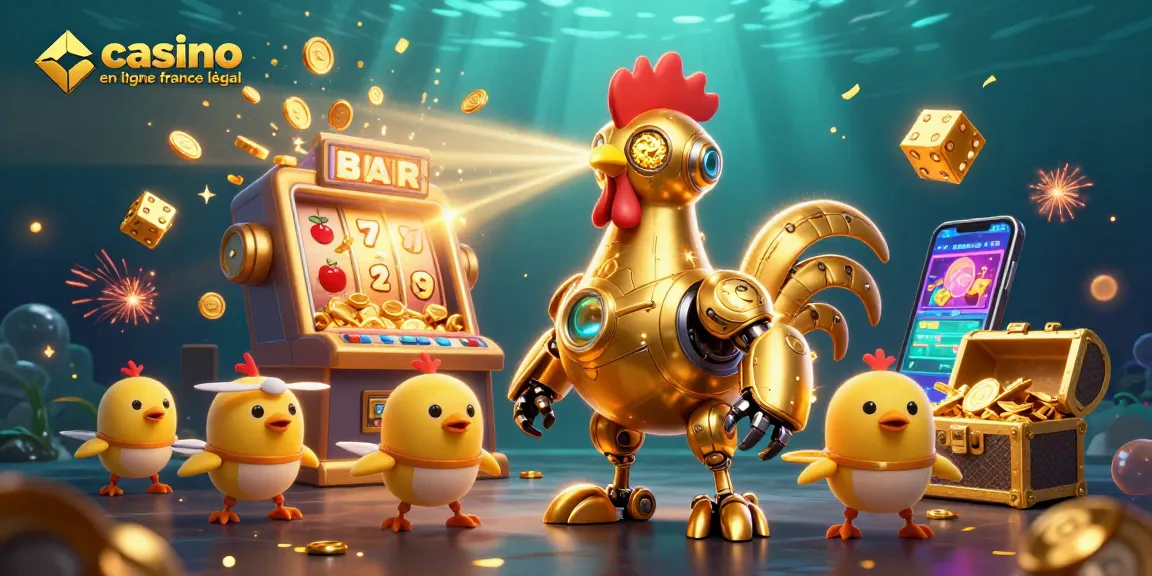 Admirez le jeu dynamique de casino en ligne france légal avec un robot coq doré et ses drones en pleine action.