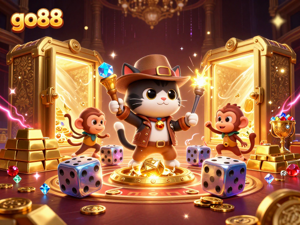 Go88's vibrant casino scene depicts an adventurous cat finding treasure amidst golden gems and dice.