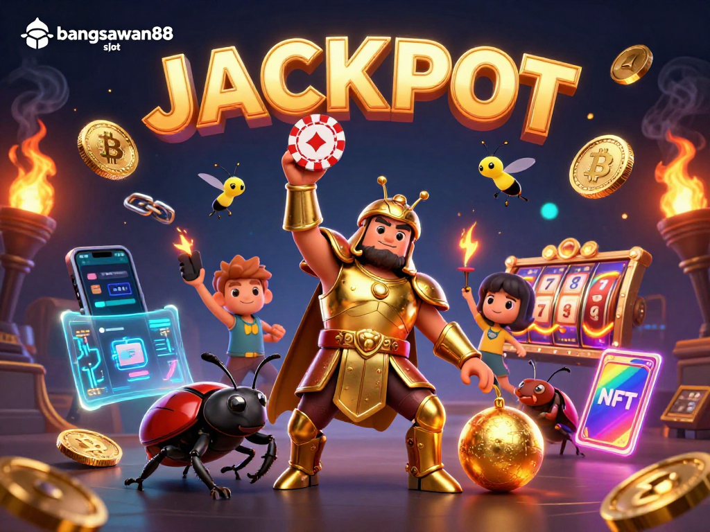 Experience the thrill of bangsawan88 slot with a victorious beetle amidst dazzling casino elements.
