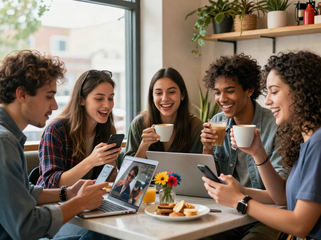 Friends discussing how to test attractiveness together at a café, engaging in lively interaction.