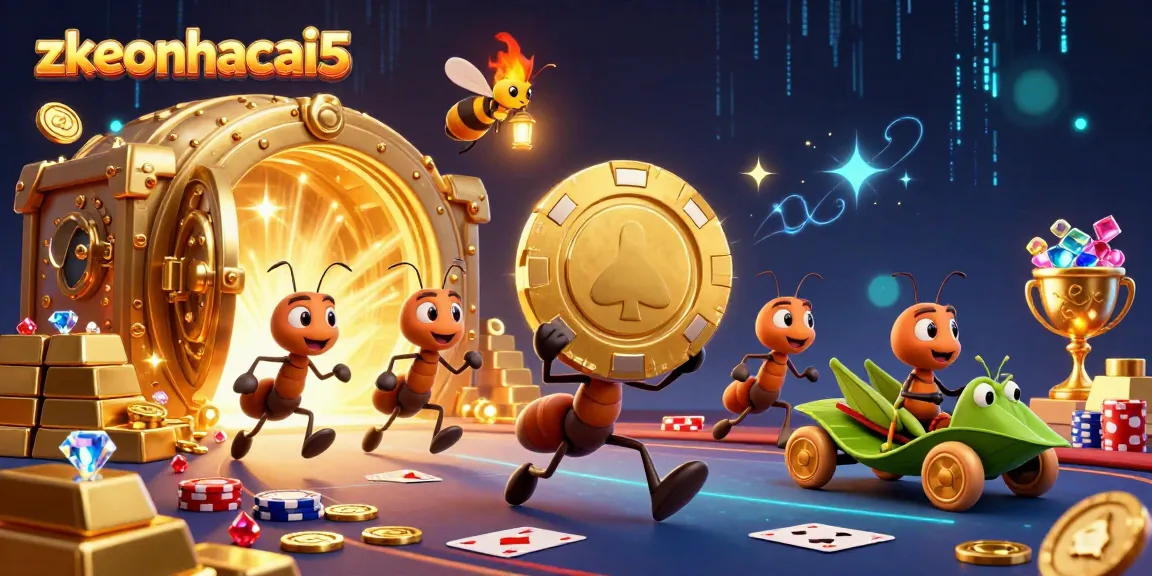 Ants execute a zkeonhacai5-themed poker heist in a vibrant 3D scene full of treasures.