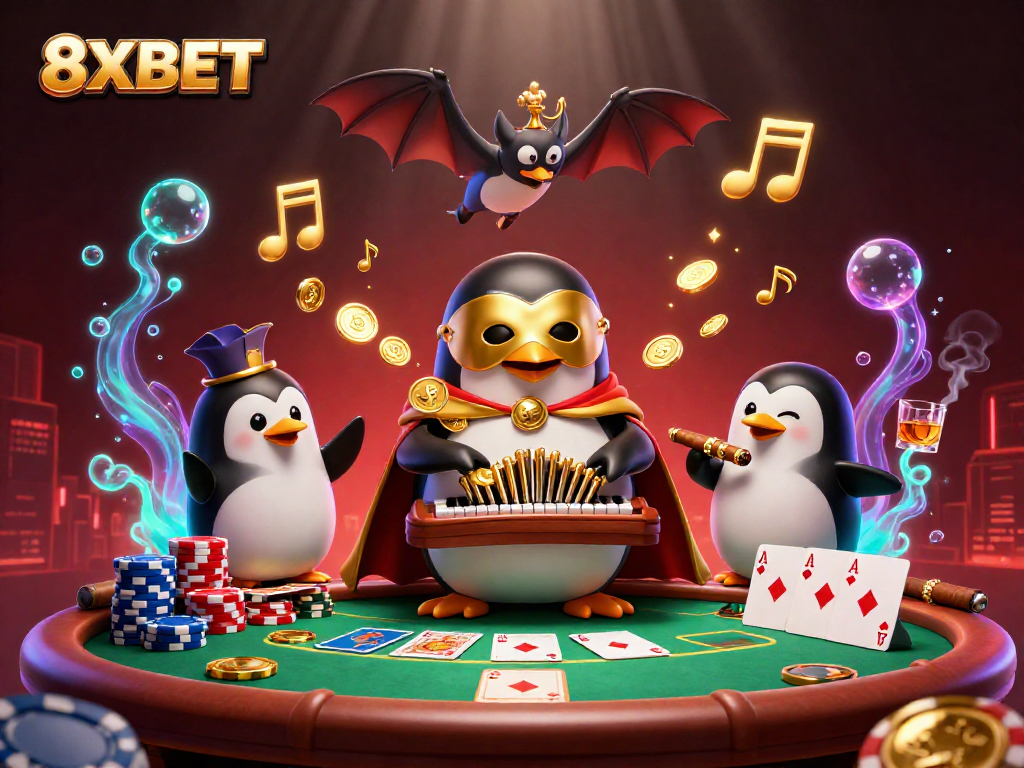 Experience thrilling gameplay with 8XBET featuring a lively casino scene of penguins and poker elements.