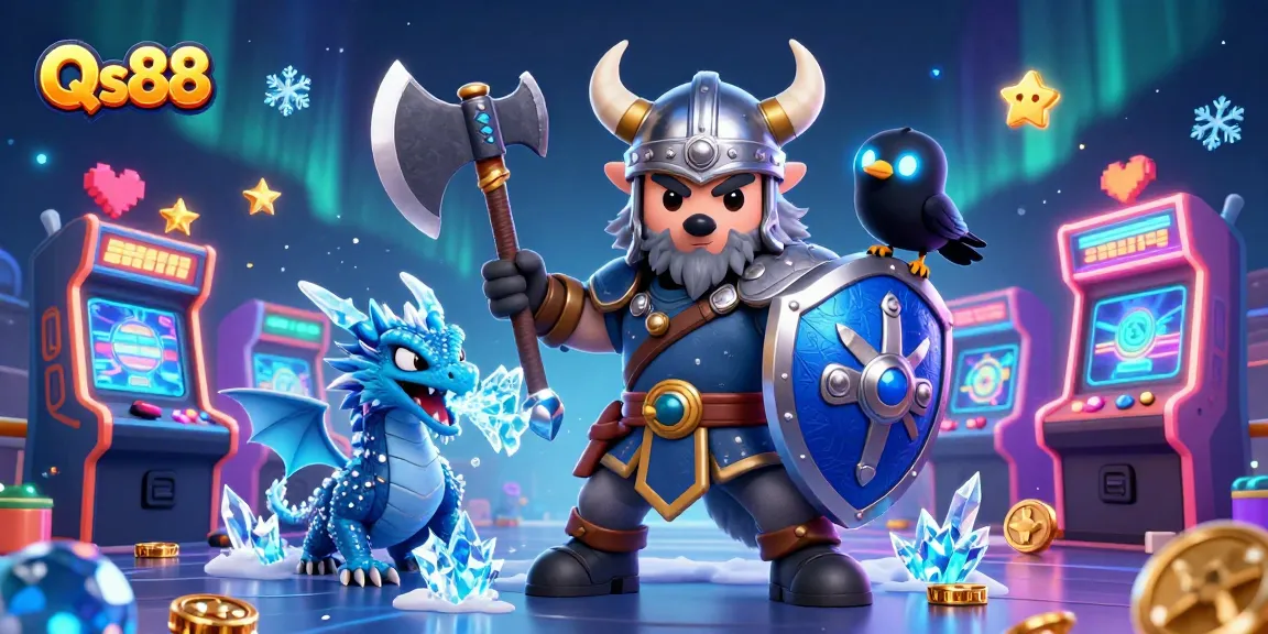 Engage in thrilling gameplay at Qs88 with a Viking wolf warrior, dragon, and rich casino-themed elements.