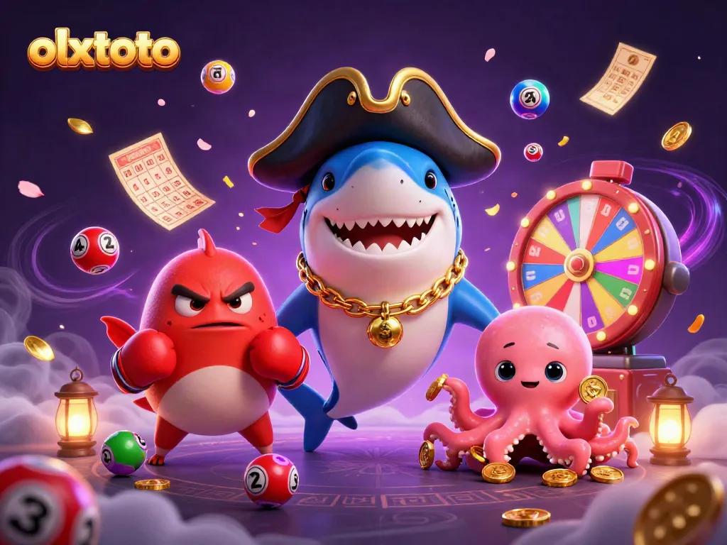 Olxtoto merayakan momen menang dengan karakter kartun dalam lotere dan permainan bingo yang berwarna-warni.