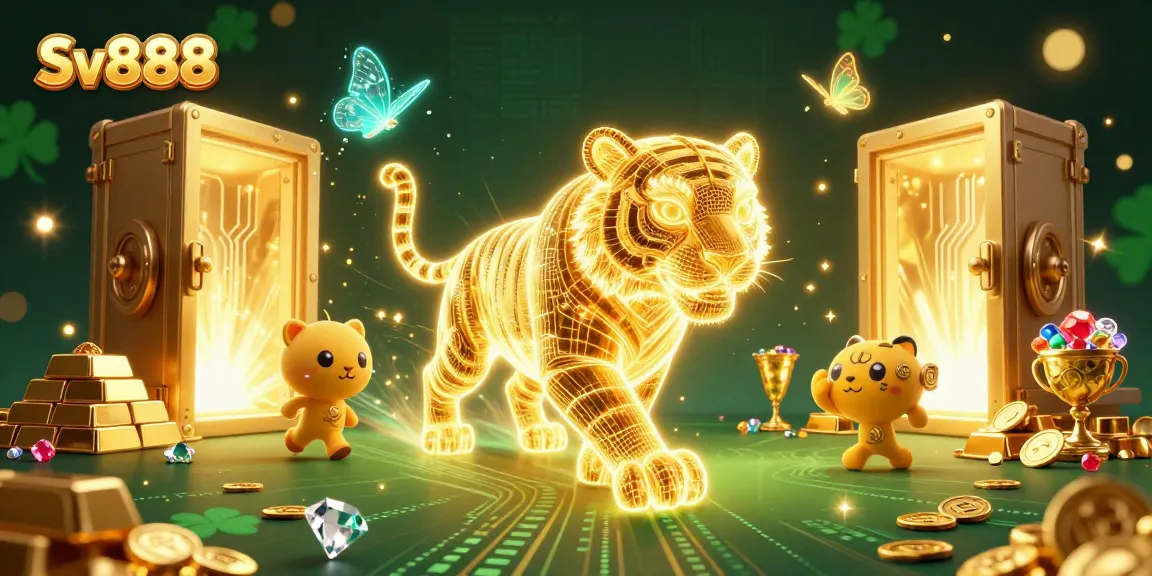 Experience the excitement at Sv888 with vibrant neon energy and golden treasures in a stunning digital casino.